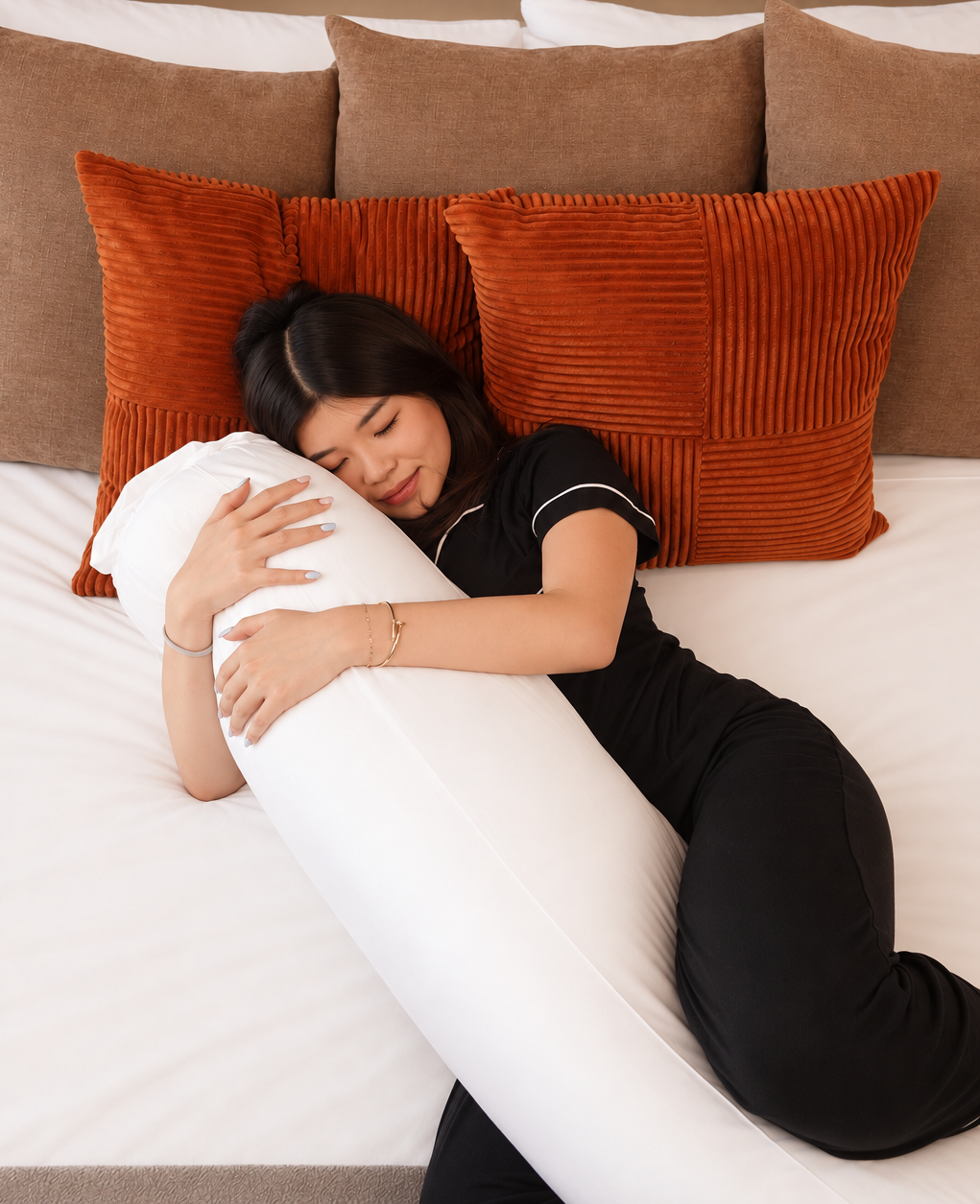 A woman lying on a bed hugging a Koalu body pillow near her head and chest, resting against a stack of brown and rust throw pillows